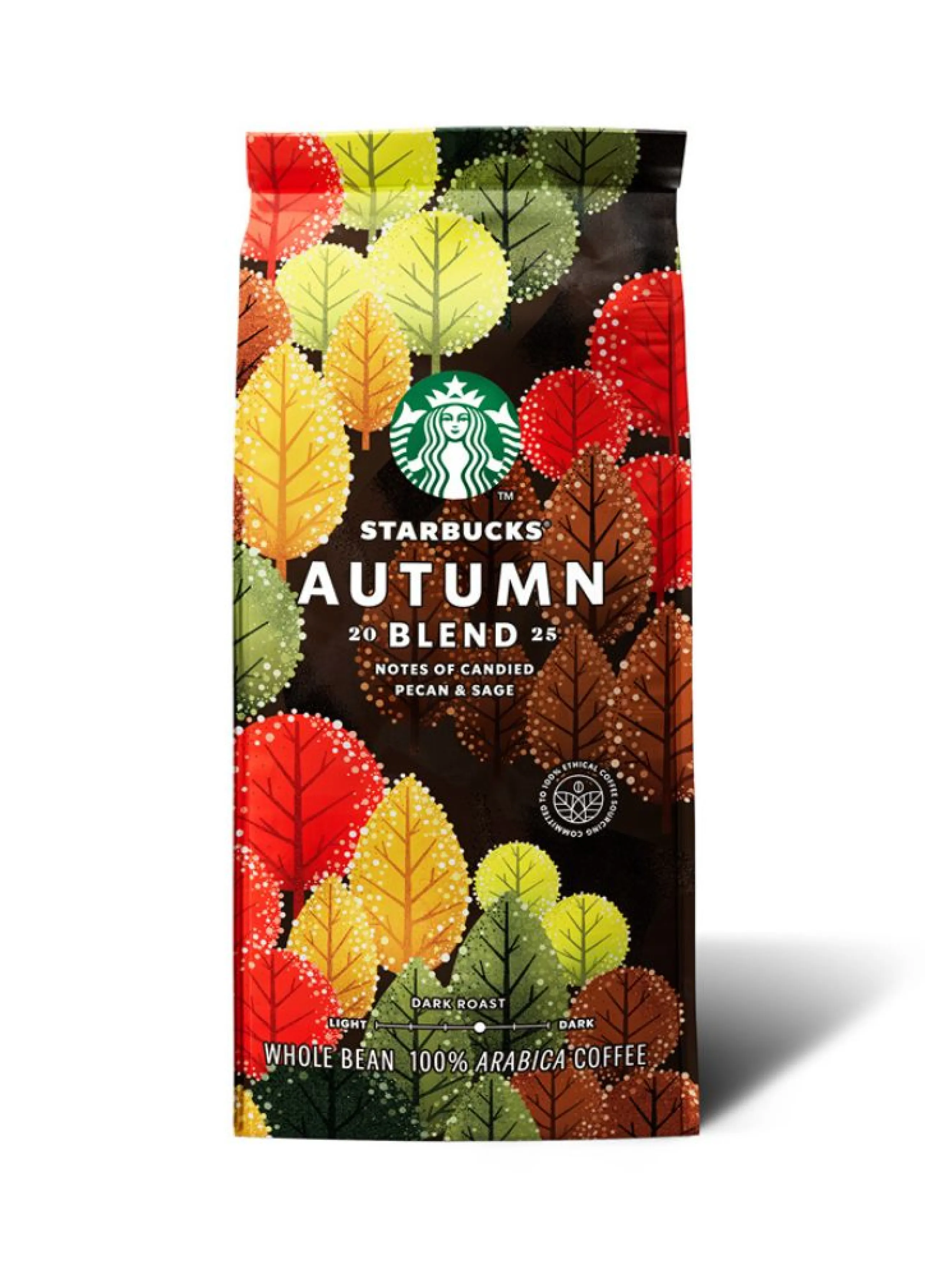 Opakowanie kawy Starbucks Autumn Blend ozdobione kolorowymi jesiennymi liśćmi, z informacją o nutach kandyzowanego orzecha pekan i szałwii, zawiera całe ziarna 100% arabiki.