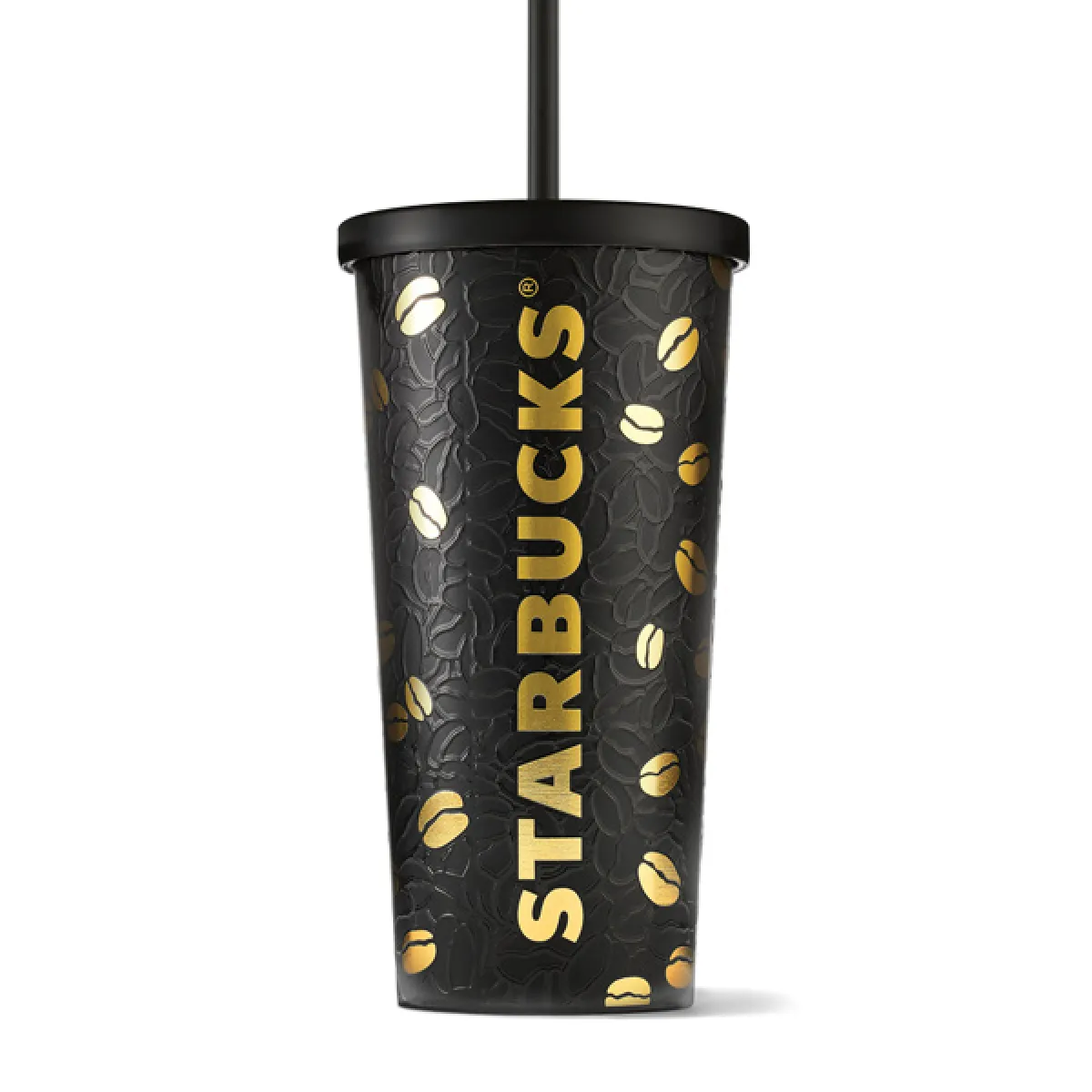Czarny tumbler Starbucks ze złotymi motywami ziaren kawy i pionowym logo, z czarną pokrywką i słomką