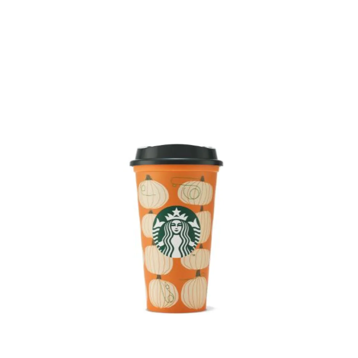 Kubek Starbucks z czarną pokrywką, na pomarańczowym tle z białym wzorem dyni i centralnie umieszczonym logo marki.