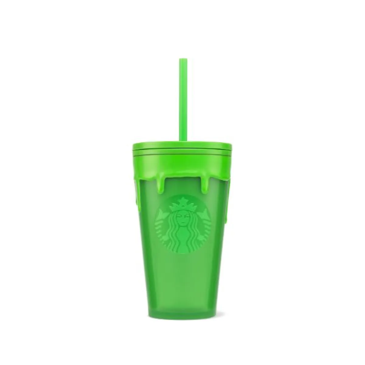 Zielony kubek Starbucks z pokrywką i słomką, ozdobiony efektem spływającej farby u góry oraz centralnie umieszczonym logo marki.