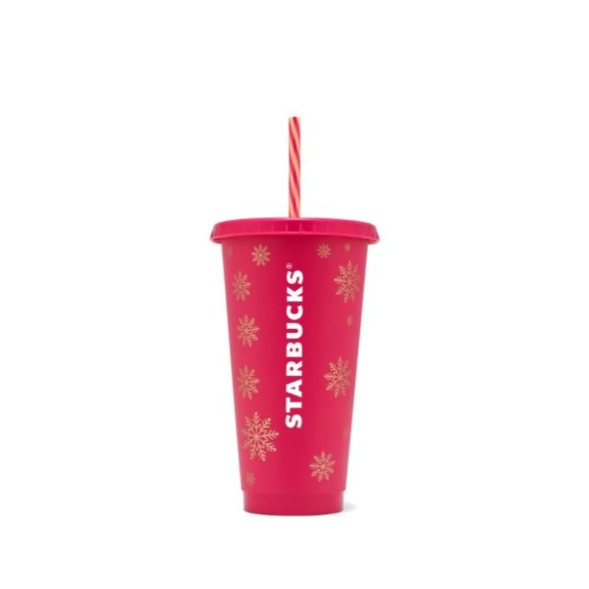 Kubek wielokrotnego użytku w czerwonym kolorze z białym napisem „STARBUCKS” i złotymi śnieżynkami. Pokrywka jest w tym samym kolorze, a rurka ma biało-czerwone paski.