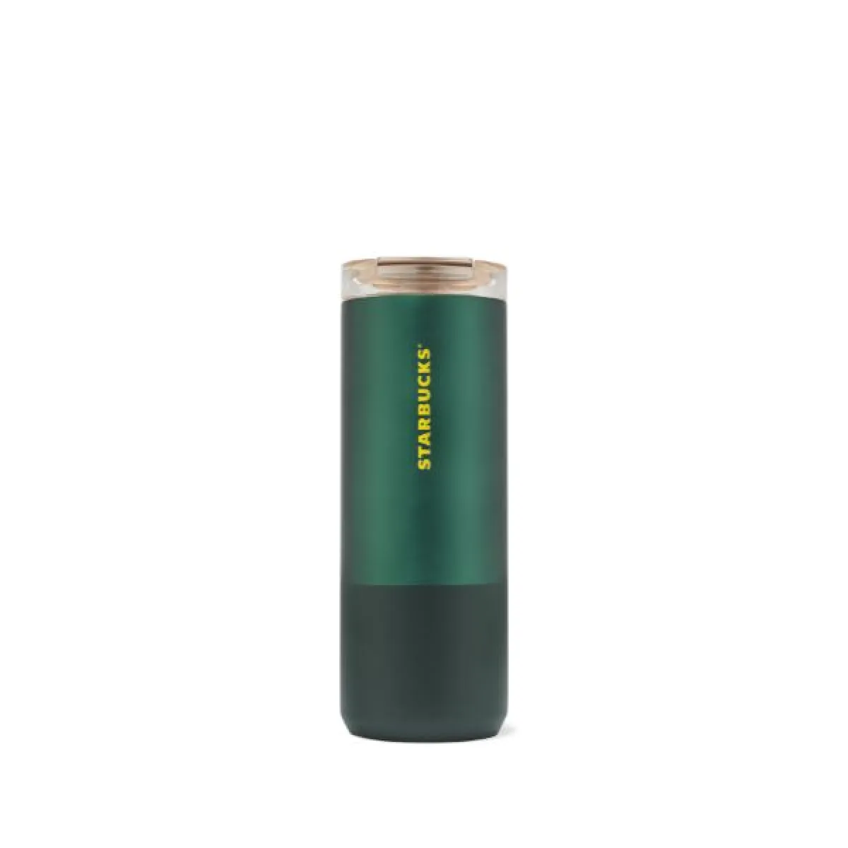Zielony kubek termiczny z matowym wykończeniem, przezroczystą górą i pionowym żółtym napisem „Starbucks”.