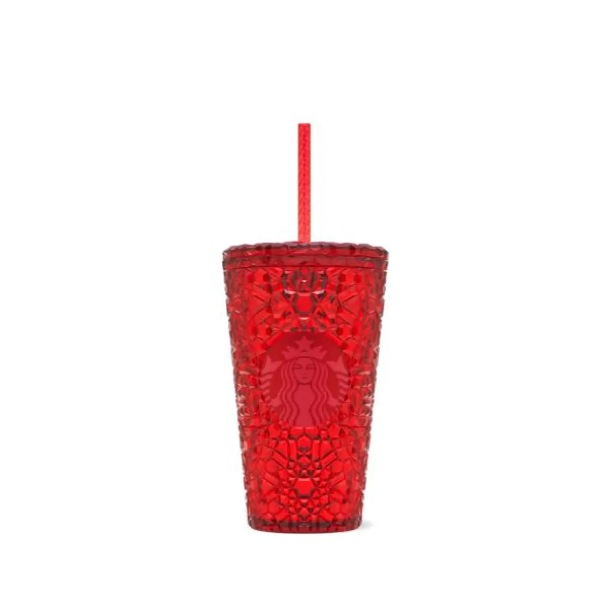 Kubek typu tumbler marki Starbucks w intensywnym czerwonym kolorze, ozdobiony fakturą przypominającą kryształowe wzory. Na środku znajduje się wytłoczone logo Starbucks w dopasowanym odcieniu czerwieni. Kubek ma zakręcaną pokrywkę i czerwoną słomkę wielokrotnego użytku. Całość utrzymana w eleganckim, błyszczącym stylu, idealnym na świąteczny sezon.