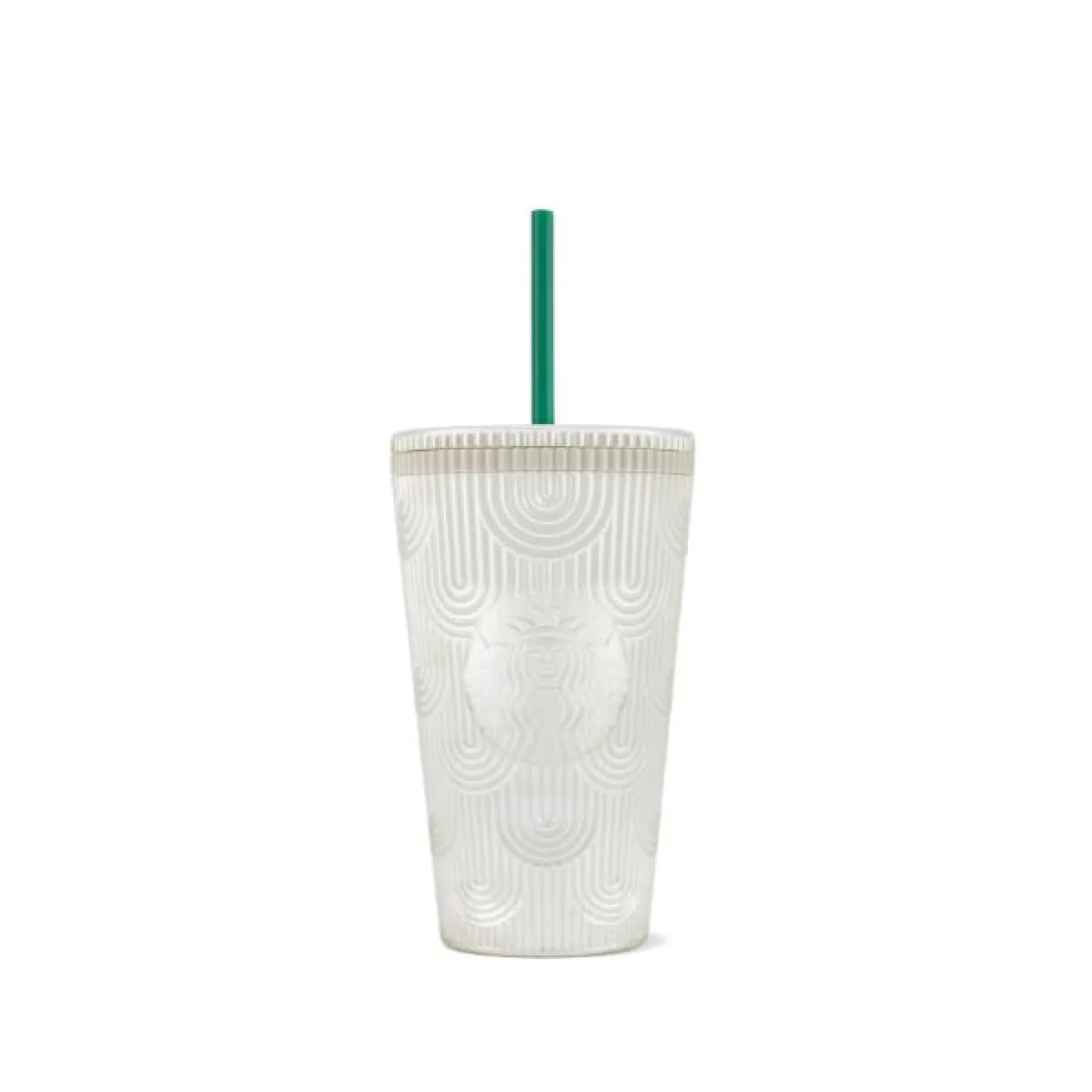 Biały kubek typu tumbler ze słomką, ozdobiony tłoczonym wzorem i subtelnym logo Starbucks na środku, ustawiony na białym tle