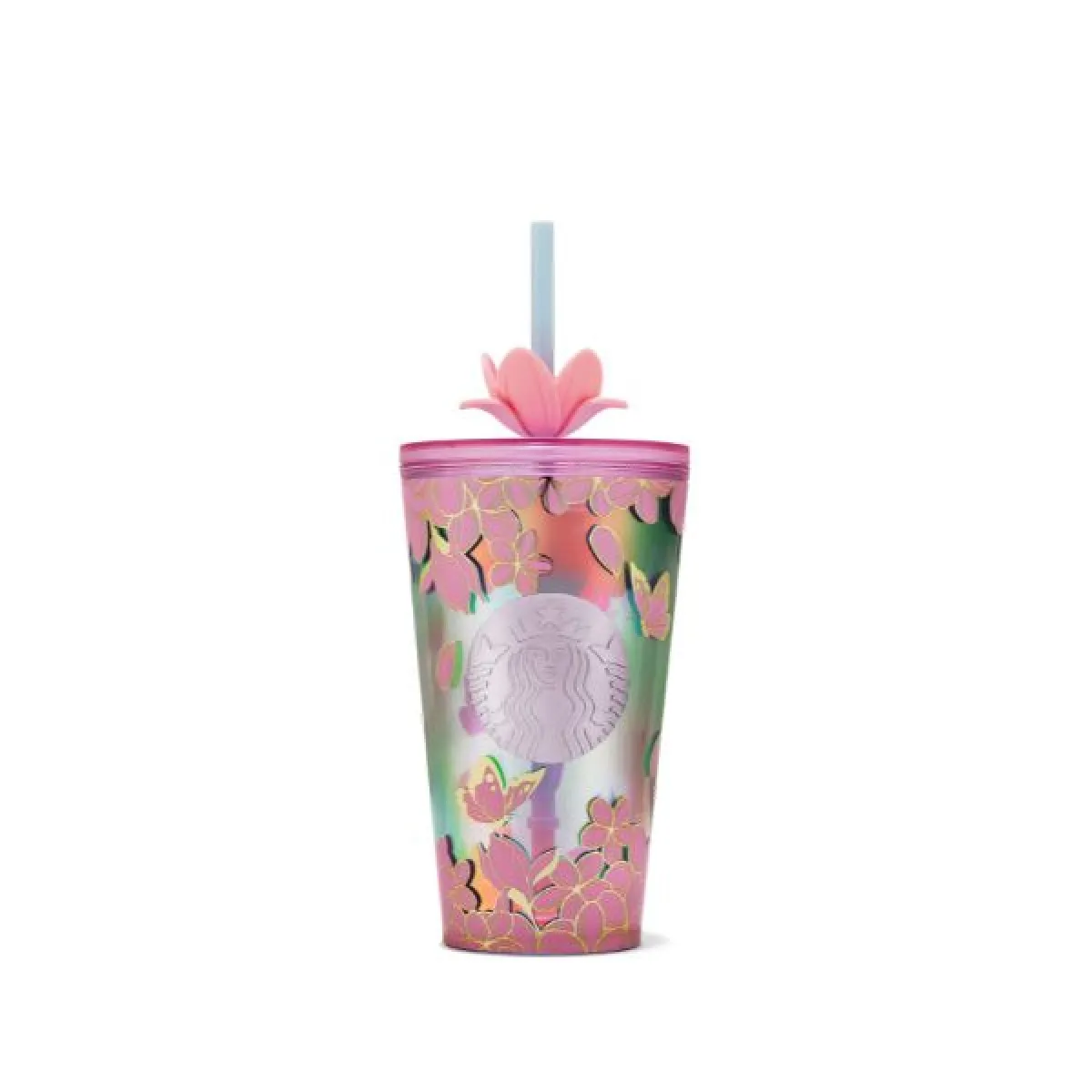 Kolorowy tumbler Starbucks z kwiatowym wzorem i motylami, z różową dekoracją na pokrywce i słomką.