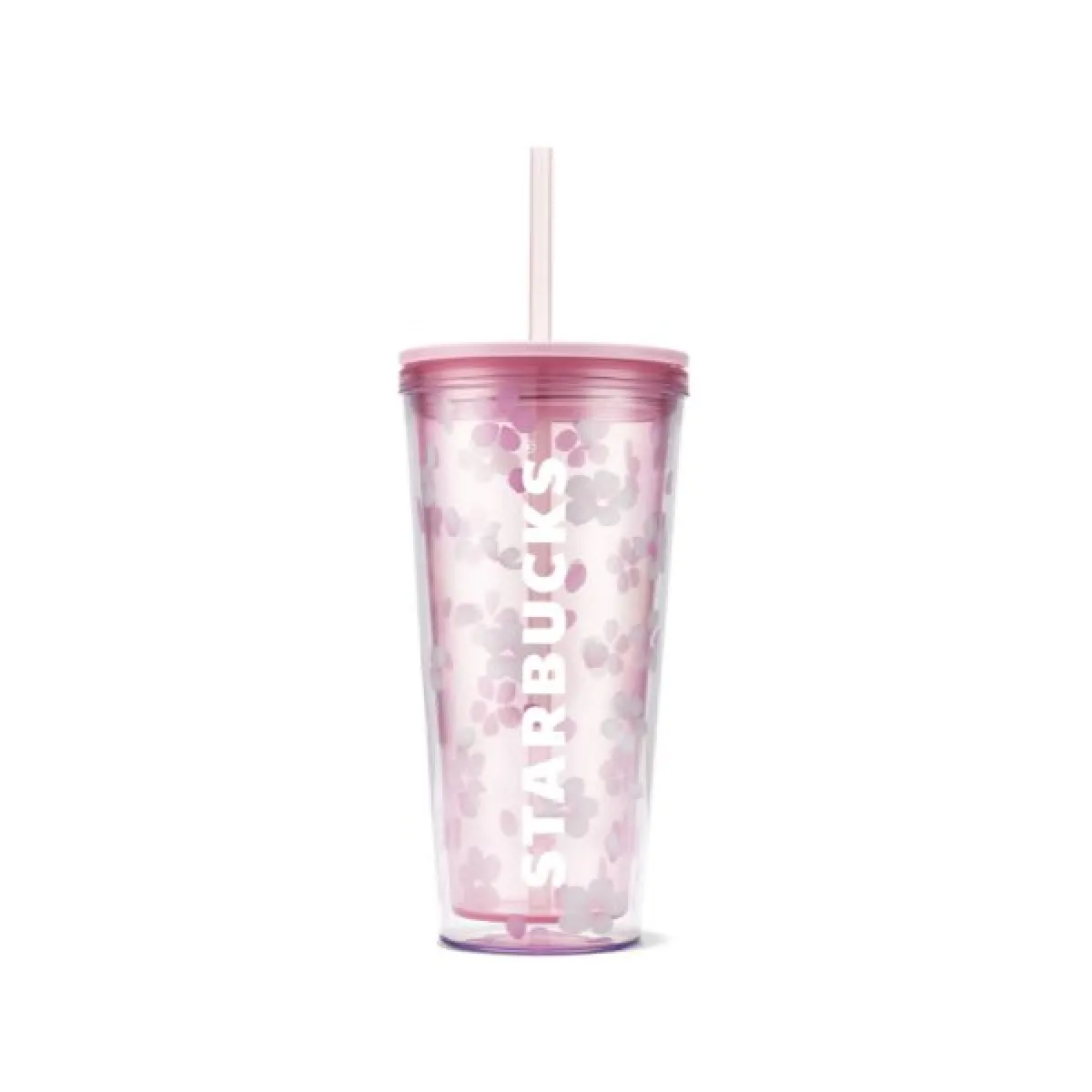 Przezroczysty tumbler Starbucks w różowe kwiaty z różową pokrywką i słomką, z białym logo