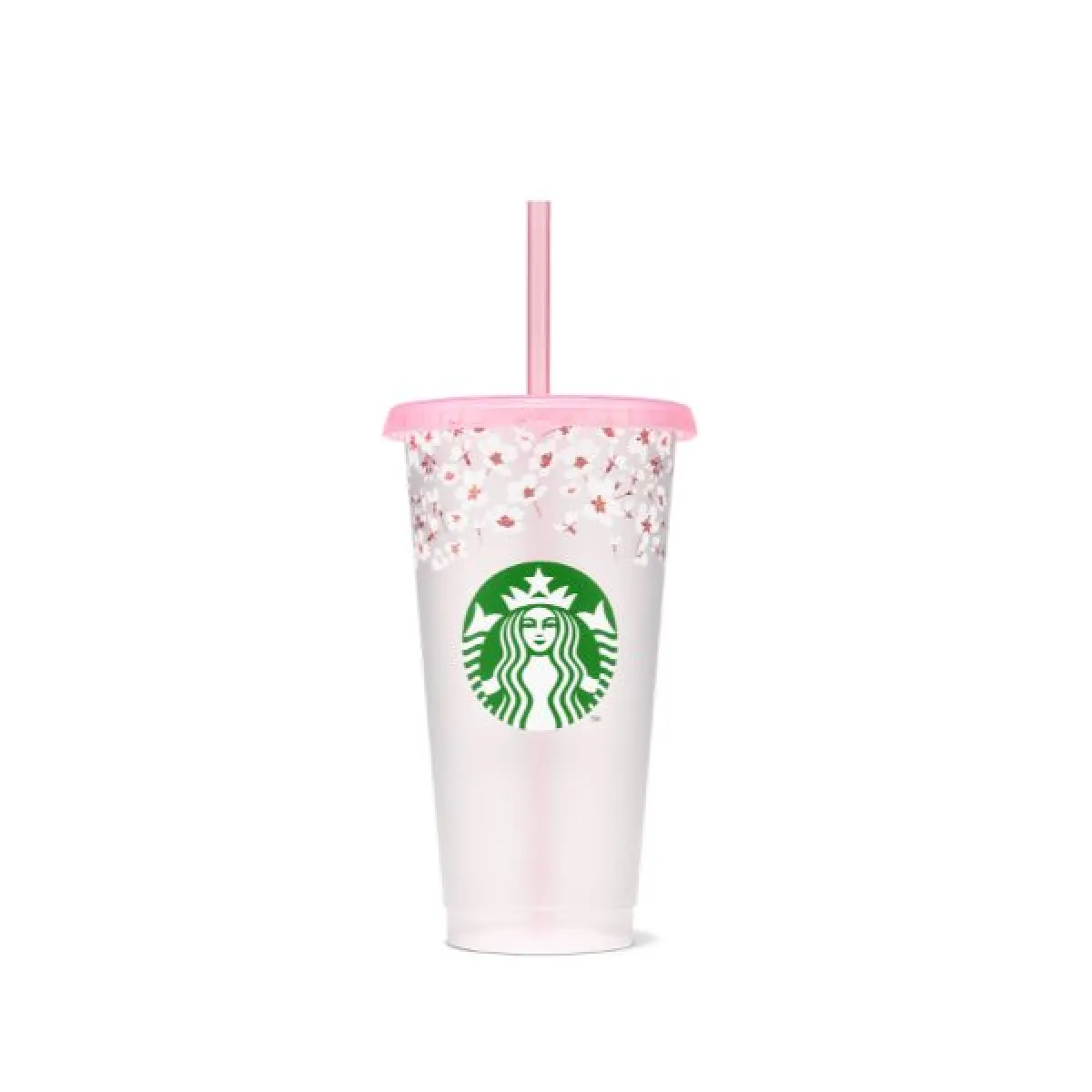 Biało‑różowy tumbler Starbucks z różowym wieczkiem i wzorem kwiatów wiśni