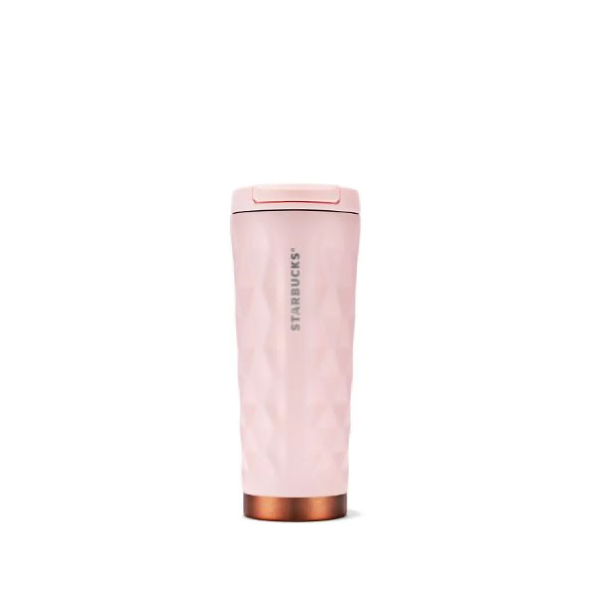 Jasnoróżowy kubek termiczny Starbucks z geometrycznym tłoczeniem i metalicznym miedzianym spodem