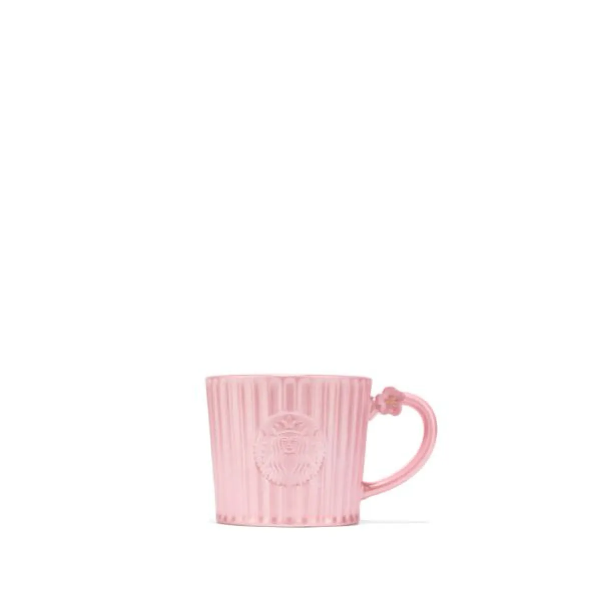 Różowy ceramiczny kubek z pionowymi żłobieniami, z wytłoczonym logo syreny na środku i ozdobnym uchwytem z małym kwiatkiem