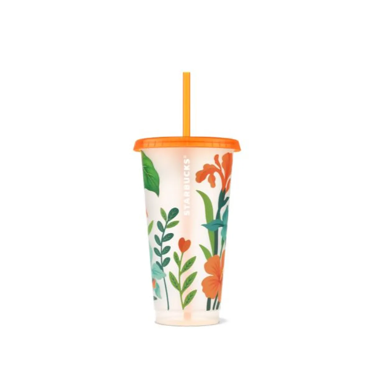 Jasny kubek Starbucks z kolorowym motywem roślinnym, pomarańczową pokrywką i słomką, na białym tle.