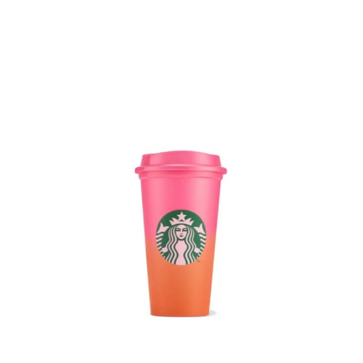 Różowo‑pomarańczowy kubek Starbucks na wynos z logo, ustawiony na białym tle.