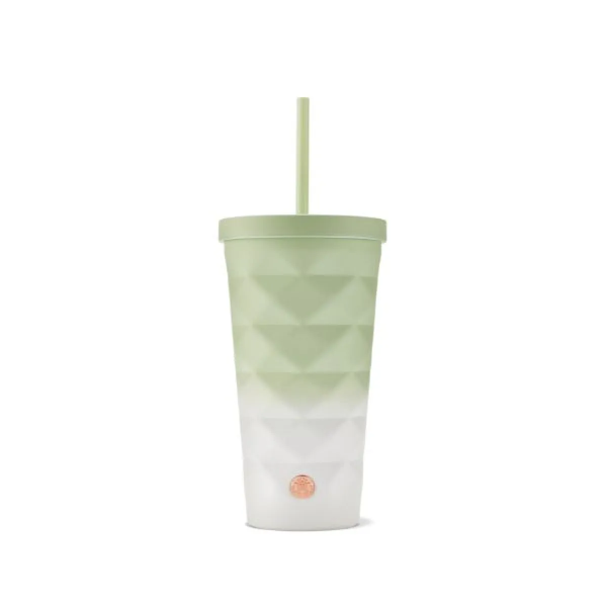 Kubek Starbucks ze słomką w zielono‑białym gradiencie, z geometryczną fakturą, na białym tle.