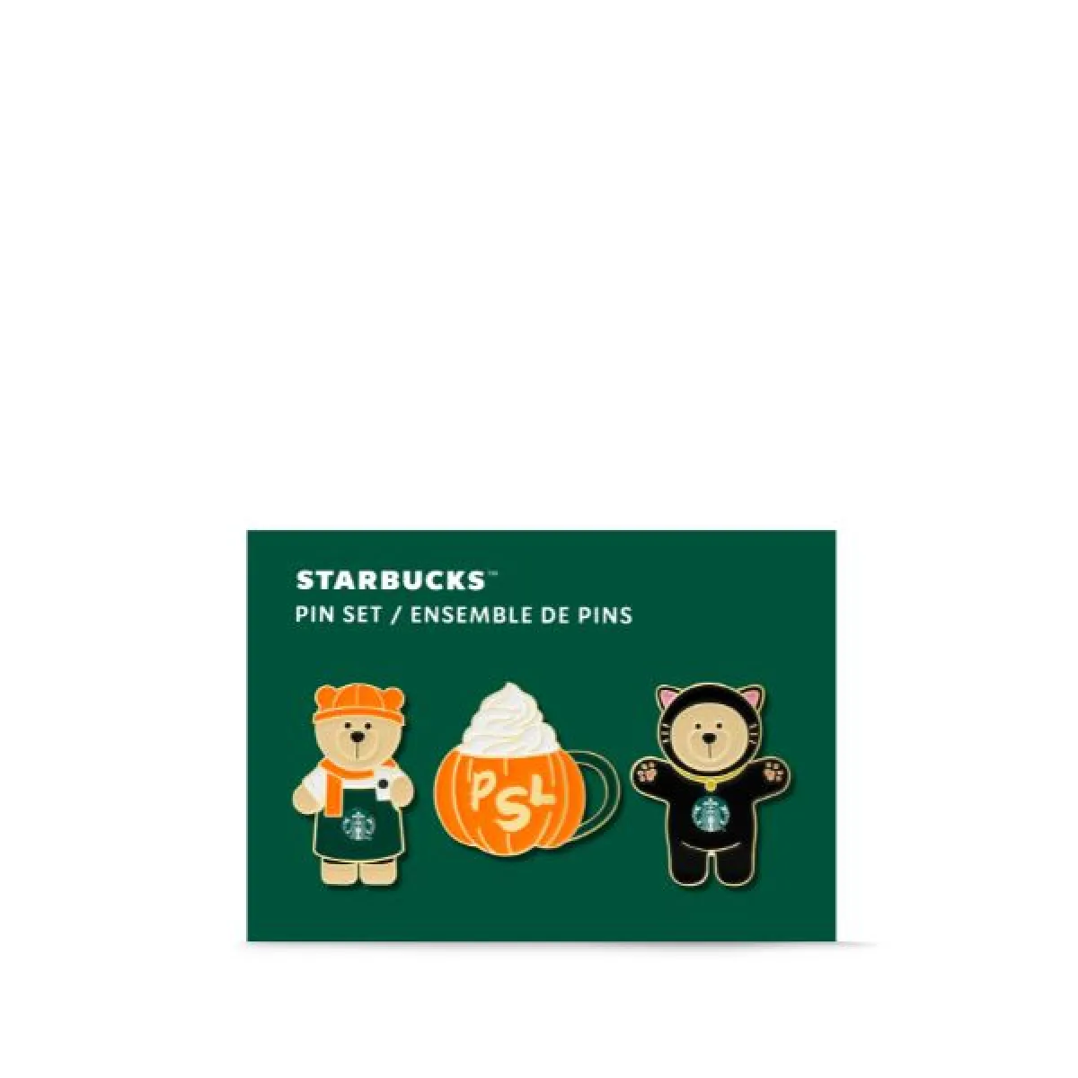 Zestaw trzech przypinek Starbucks przedstawiających dwa misie w jesiennych strojach oraz kubek Pumpkin Spice Latte.