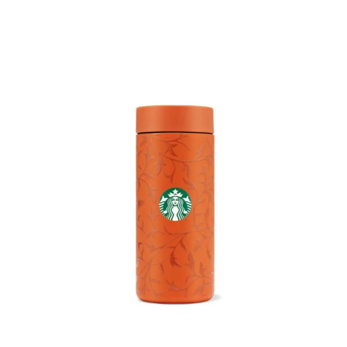 Pomarańczowy kubek termiczny Starbucks z motywem liści.