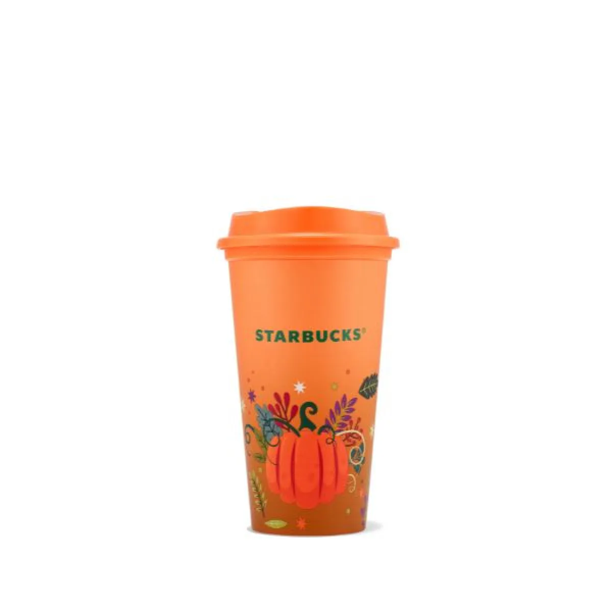Pomarańczowy kubek Starbucks wielokrotnego użytku z pokrywką, ozdobiony motywem dyni i jesiennych roślin.
