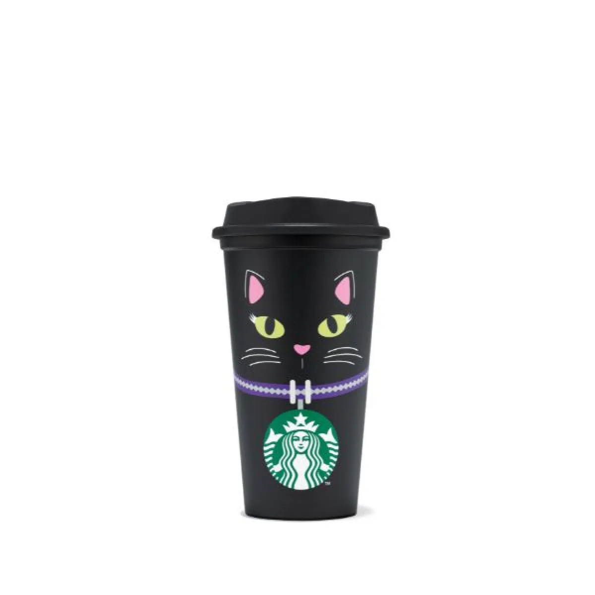 Czarny kubek Starbucks wielokrotnego użytku z pokrywką i grafiką przedstawiającą twarz kota z zielonymi oczami.
