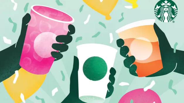 karta podarunkowa z grafiką trzech rąk trzymających kolorowe kubki